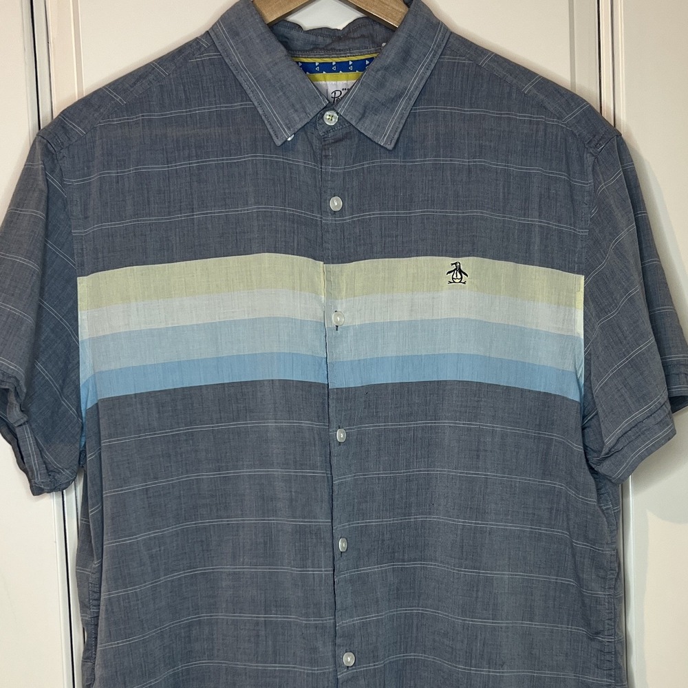Original Penguin Men's L Button-Up Shirt Short Sleeve Blue Striped Button Front